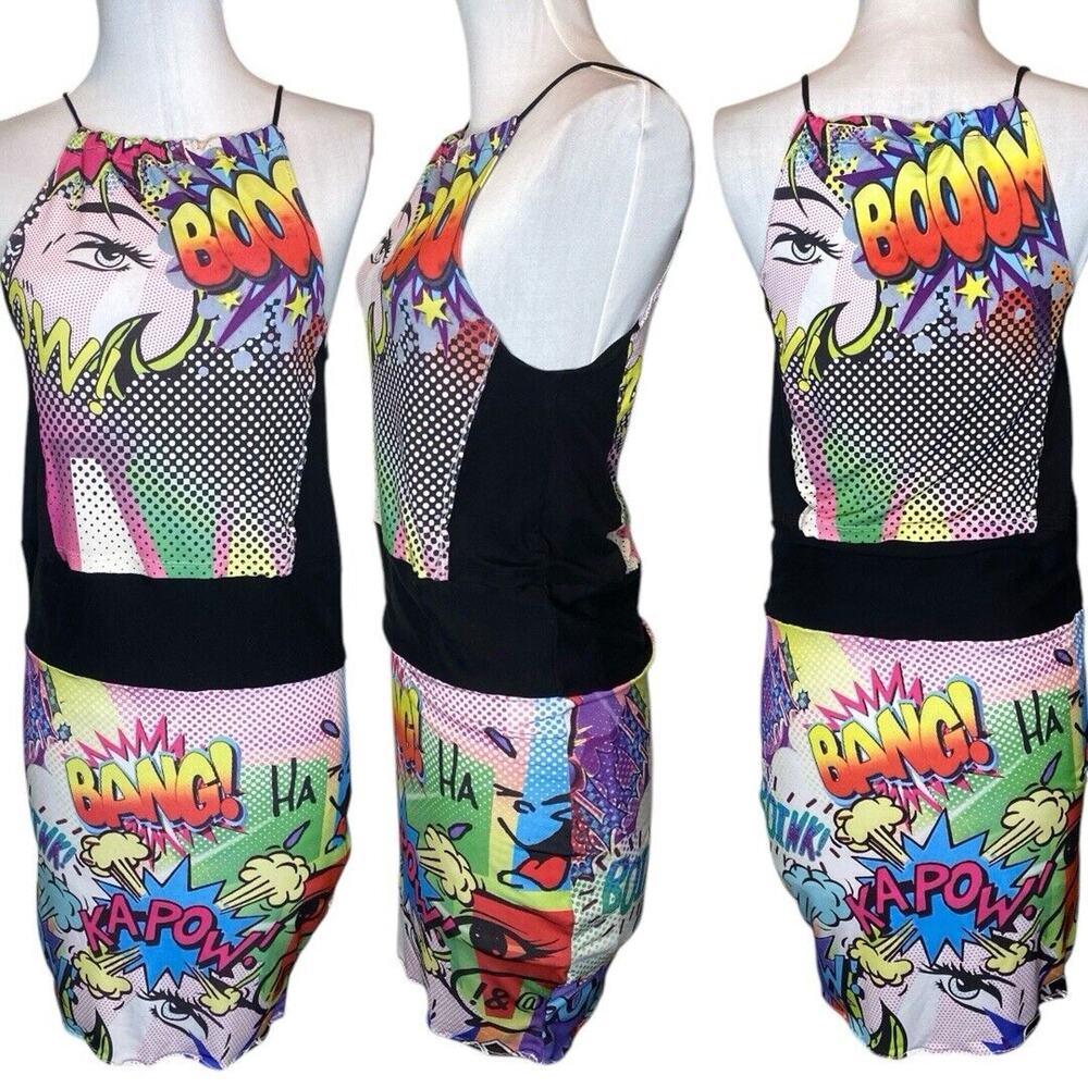 Comic Print Bodycon Knee Dress Womens S Pop Art Kidcore Rave Y2K Party Nightlife